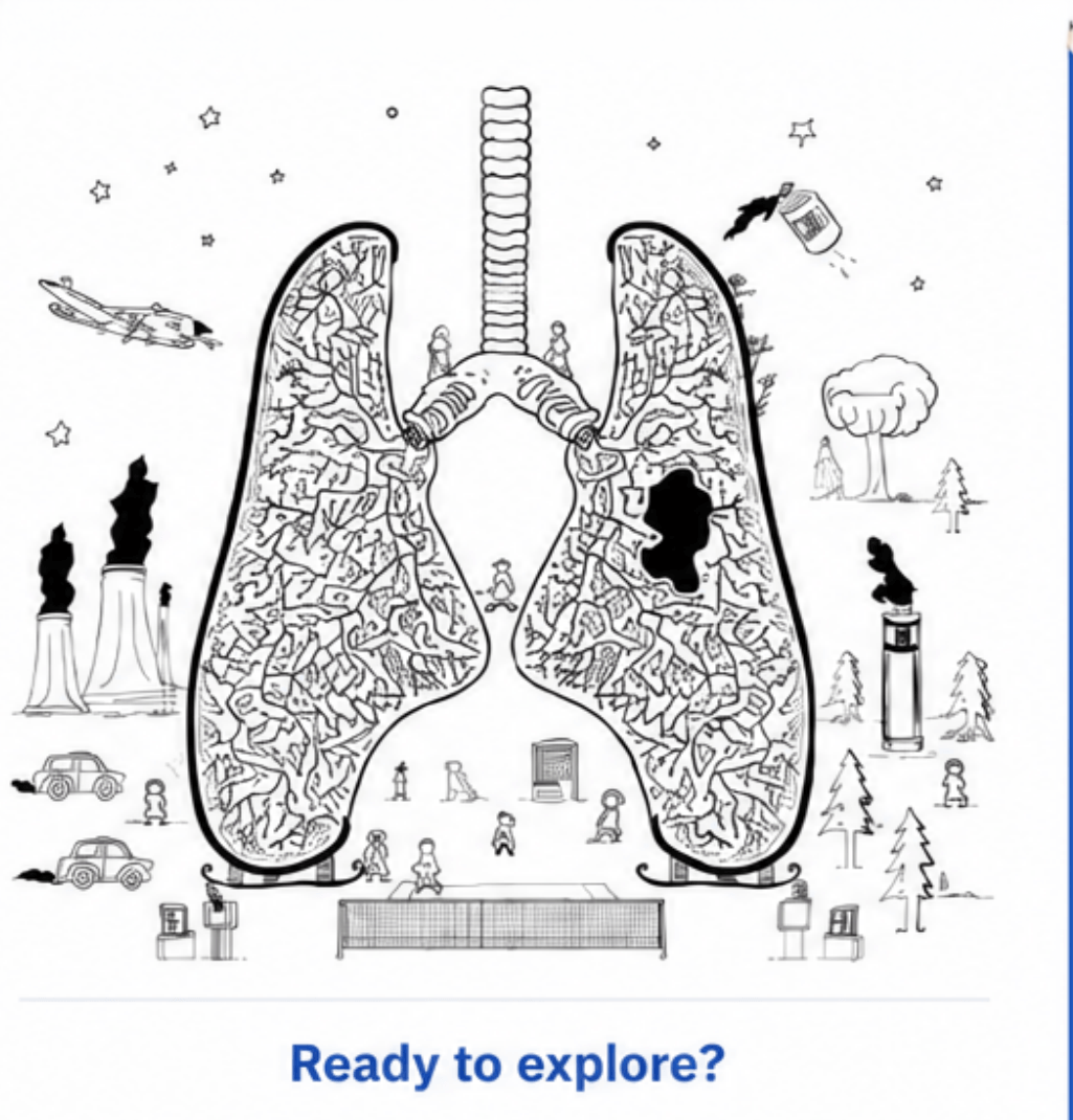 Illustration of lungs with environmental and lifestyle elements